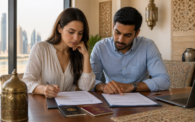 Mixed nationality couple reviewing passports and documents to marry in Qatar as a foreigner