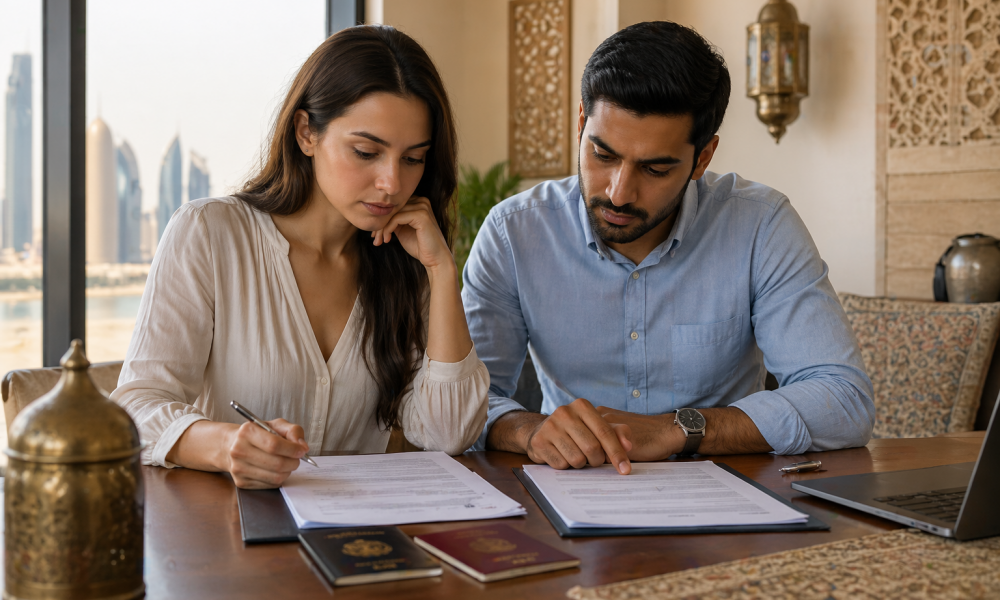 Mixed nationality couple reviewing passports and documents to marry in Qatar as a foreigner